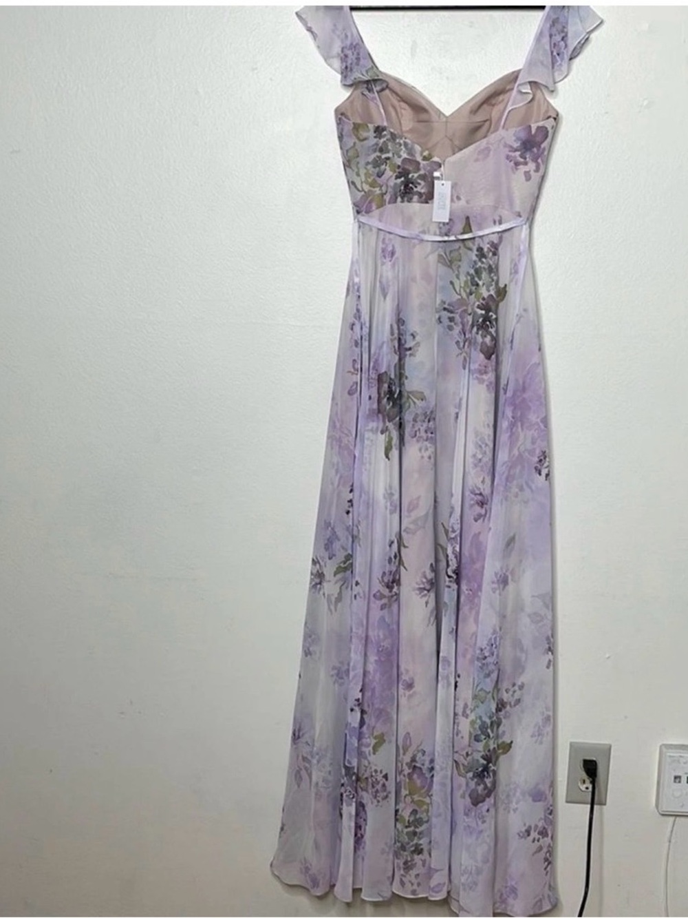 Marchesa Lilac Floral Chiffon Gown with Ruffle Cami Straps and Waist Tie Size 0